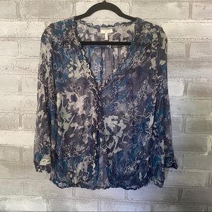 JOIE | Floral Blue Silk scalloped edge Blouse M